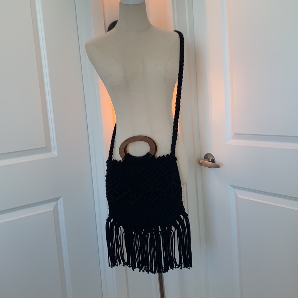 Black Bohemian Purse with Wood Handle - Picture 5 of 5